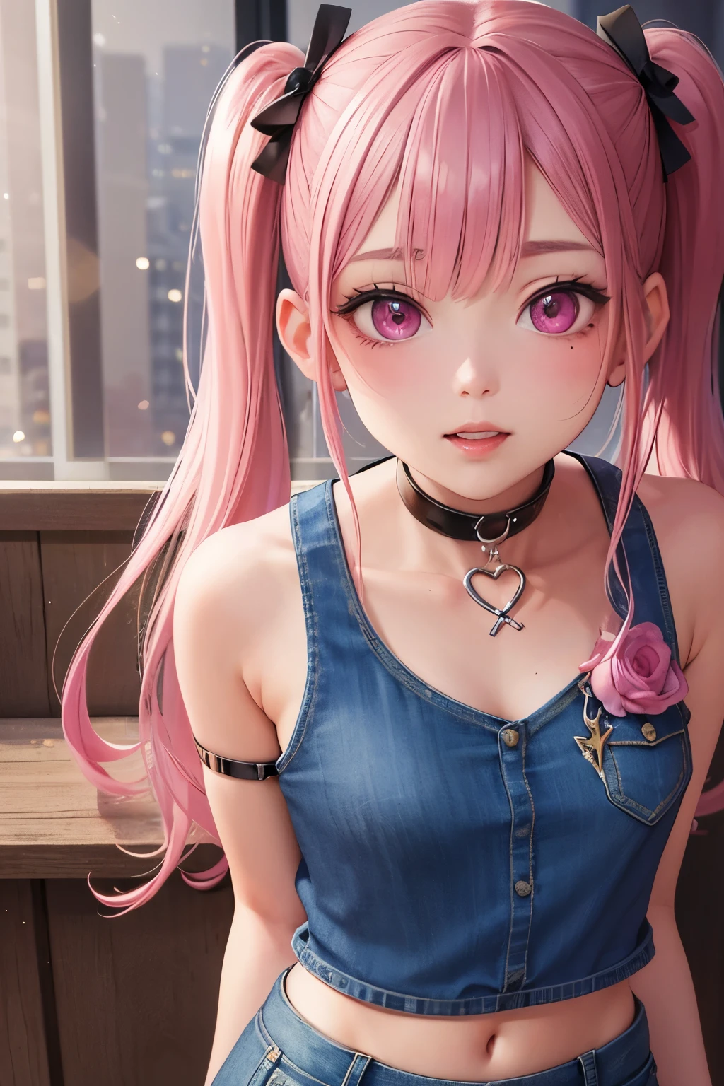 masterpiece, best quality, highly detailed, high resolution, expensive resolution, high resolution, 4k, 8k, uniform 8k wallpaper, highly detailed CG, masterpiece, 2d, 3d, beautiful details, depth, fine texture, best quality: 1.3, perfectly focused, crispy. skin, him, very cute anime girl, name is Mei, short twintails, idol, tank top, denim mini skirt, pink short twintails wearing expensive, mole under eye, looking at the viewer, expensive, blush, mole, parted lips, pink eyes, heart shaped choker, smiling face