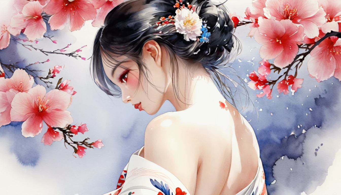 (masterpiece:1.2, Highest quality), (Beautiful Eyes: 1.2), ((One person)), ((alone)), (Red eyes:1.4), (Beautiful Eyes and exquisite face:1.3), ( Beautiful and vivid background: 1.2), (Very detailedCG, Very detailed, Best Shadow: 1.1), ((Depth of written boundary)), ((watercolor)), (They are: 1.5), (kimono: 1.3), Big Breasts , Exposing shoulders, Flowers and petals, Beautiful concept art, (White Background: 0.5), (figure: 1.1), (Very delicate: 1.1), (Perfect detail: 1.1), profile, Cowboy Shot,