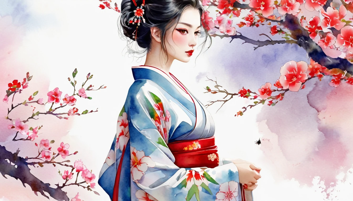 (masterpiece:1.2, Highest quality), (Beautiful Eyes: 1.2), ((One person)), ((alone)), (Red eyes:1.4), (Beautiful Eyes and exquisite face:1.3), ( Beautiful and vivid background: 1.2), (Very detailedCG, Very detailed, Best Shadow: 1.1), ((Depth of written boundary)), ((watercolor)), (They are: 1.5), (kimono: 1.3), Big Breasts , Exposing shoulders, Flowers and petals, Beautiful concept art, (White Background: 0.5), (figure: 1.1), (Very delicate: 1.1), (Perfect detail: 1.1), profile, Cowboy Shot,