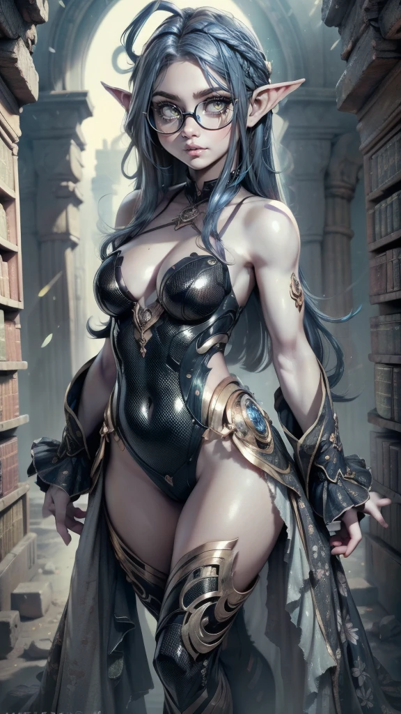 high resolution, ultradetailed, 1 girl, (very short dark blue hair with black tint:1.2), (green tight floral suit:1.1), (library ruins background:1.2 ), sunny day, ray of lights, 16k, unreal engine, UHD, photorealistic, (skin texture:1.2), (detailed face features:1.2), correct proportions, (beautiful yellow eyes:1.3), cowboy pose, pretty eyes, Iris contour, plump lips, (thin and sharp pale eyebrows), long dark eyelashes, (dynamic pose), huge ahoge, glasses, enigmatic, ginagerson, dark elf, pointy ears, light skin, full body shot, accurate small snub nose, detailed face, face