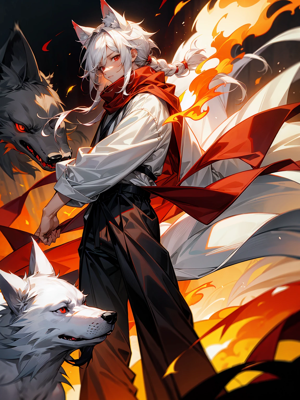 1male, Adult, Long White Hair, White Baggy Long Sleeve Shirt, Baggy Black Pants, Red Eyes, Red Scarf, Earring, Masculine, Dog Ears, Surrounded By Flames, Wolf, Single Hair Braid