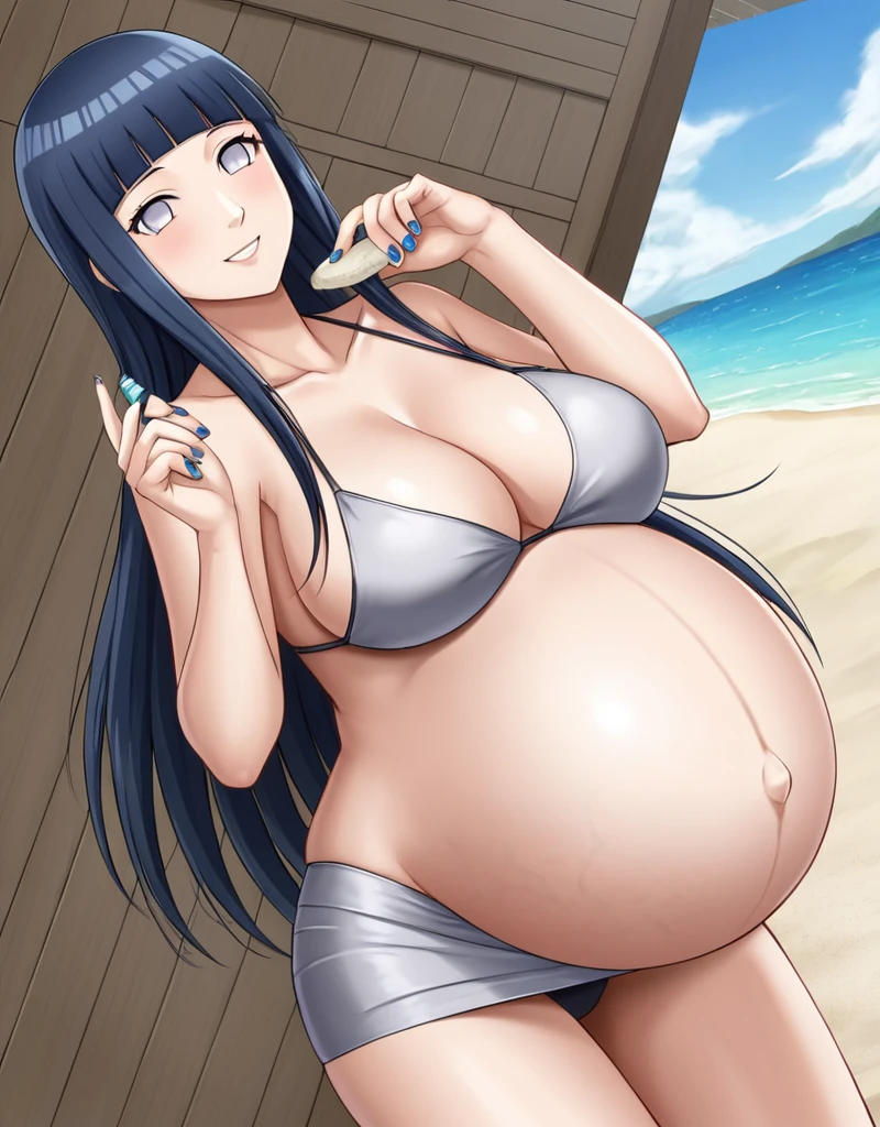 HYUUGAHIN, LIGHT GRAY TOP, "BLACK LONG HAIR", BLUE EYES, 1GIRL, BLUNT BANGS, Hinata Hyuga, Naruto: The Last, long indigo hair, straight hair, soft bangs, pale lavender eyes, mature, refined, elegant,
high-quality, ultra-detailed, beast quality, 8K resolution, anime style, beach,
looking at viewer, dutch angle, cowboy shot, smile, pregnant belly, large belly, big belly, big Breasts, belly button, bikini, skirt,
1girl,solo, indoors, happy, Smiling, rub belly,
full body, Nail polish, eating,