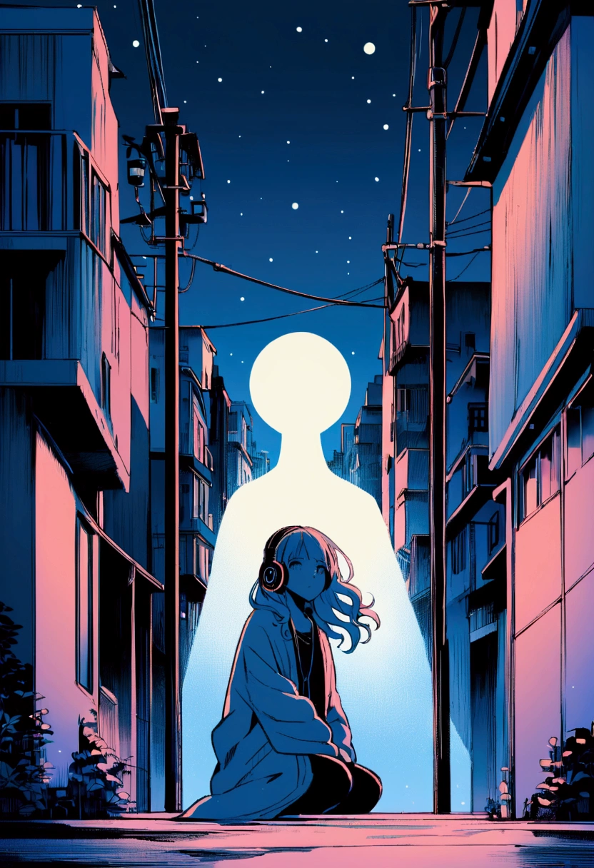 Pale-colored city Anime style illustration of a sitting girl and boy. he長い間, She has light wavy hair and is wearing headphones. he、Dressed casually with a dark shirt and loose coat over his clothing。. In the background there is a street with buildings and utility poles., Beautifully drawn, With minimalist lines. The overall color scheme is soft and dark., Gives the image a calm and relaxing feel."Night Sky