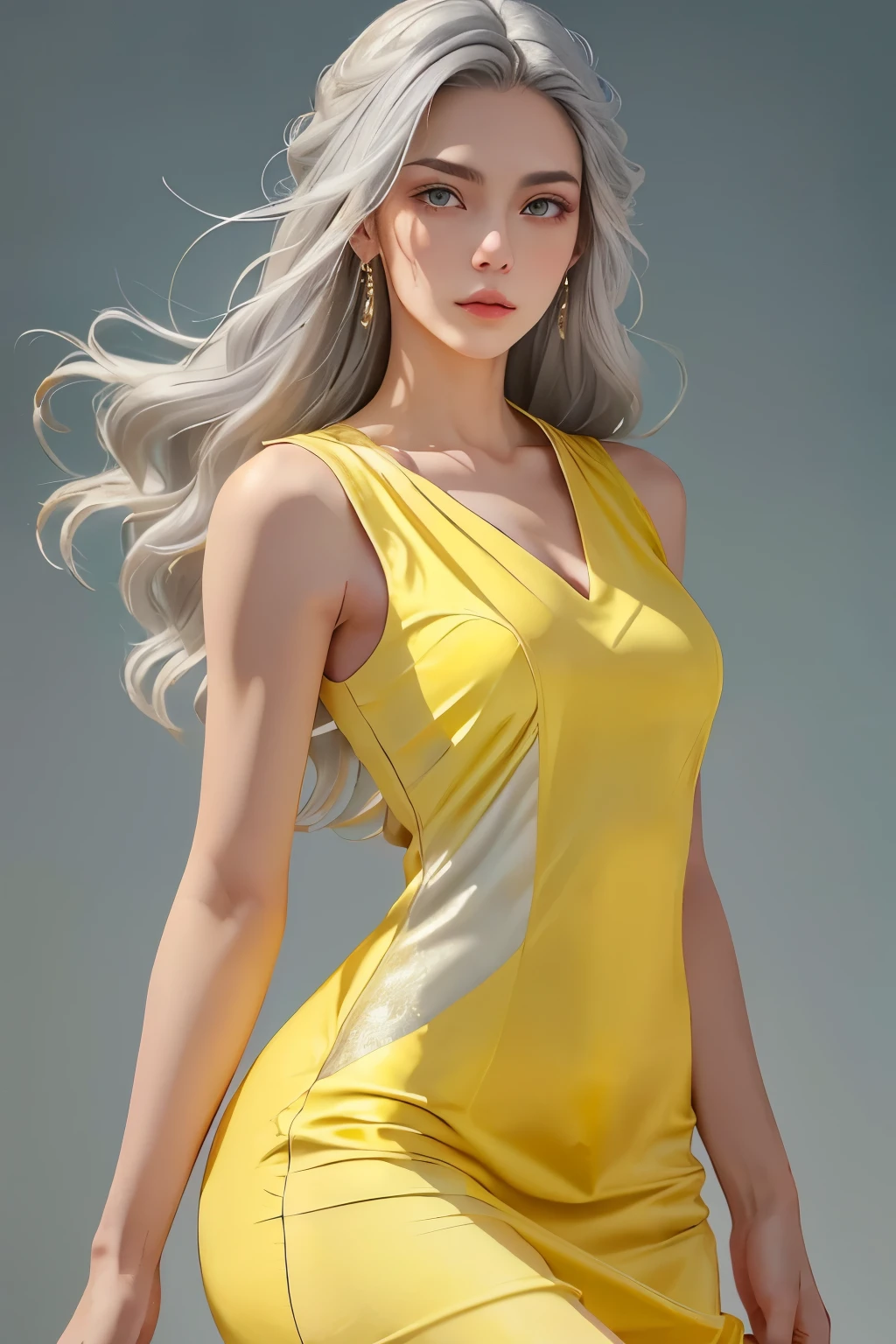 (oil, masterpiece, highest quality, Super detailed, Focus on the characters), Young woman, pale skin, ((a long gray hair)). ((a elegant yellow sleeveless dress)).  She has a serene expression. ((Looking straight ahead)), the background is a soft light blue gradient, giving the image an ethereal and calm feel, ((yellow dress)