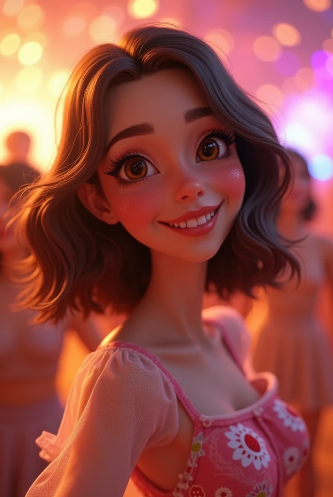 (best quality, 4k, 8k, high resolution, masterpiece: 1.2), ultra-detailed, (realistic, photorealistic, photorealistic: 1.37), 3D rendered, Pixar style, beautiful detailed woman with brown eyes, medium wavy hair, dancing , Disney-themed makeup, cute, smiling, close-up, Pixar and Disney characters, bright lighting