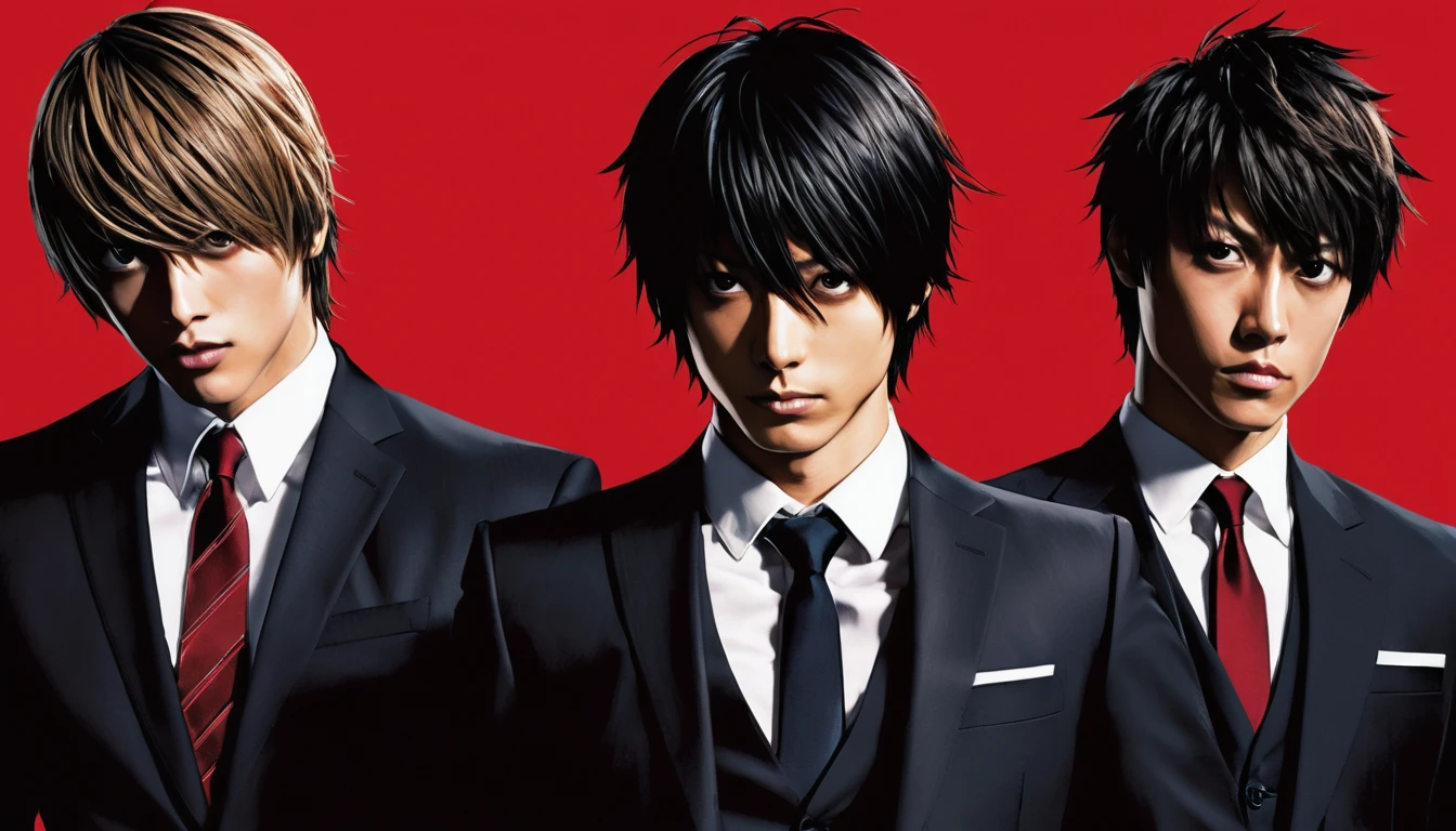 Trio in suits and ties,Dynamic pose,A tense look, Red background,Death Note Style