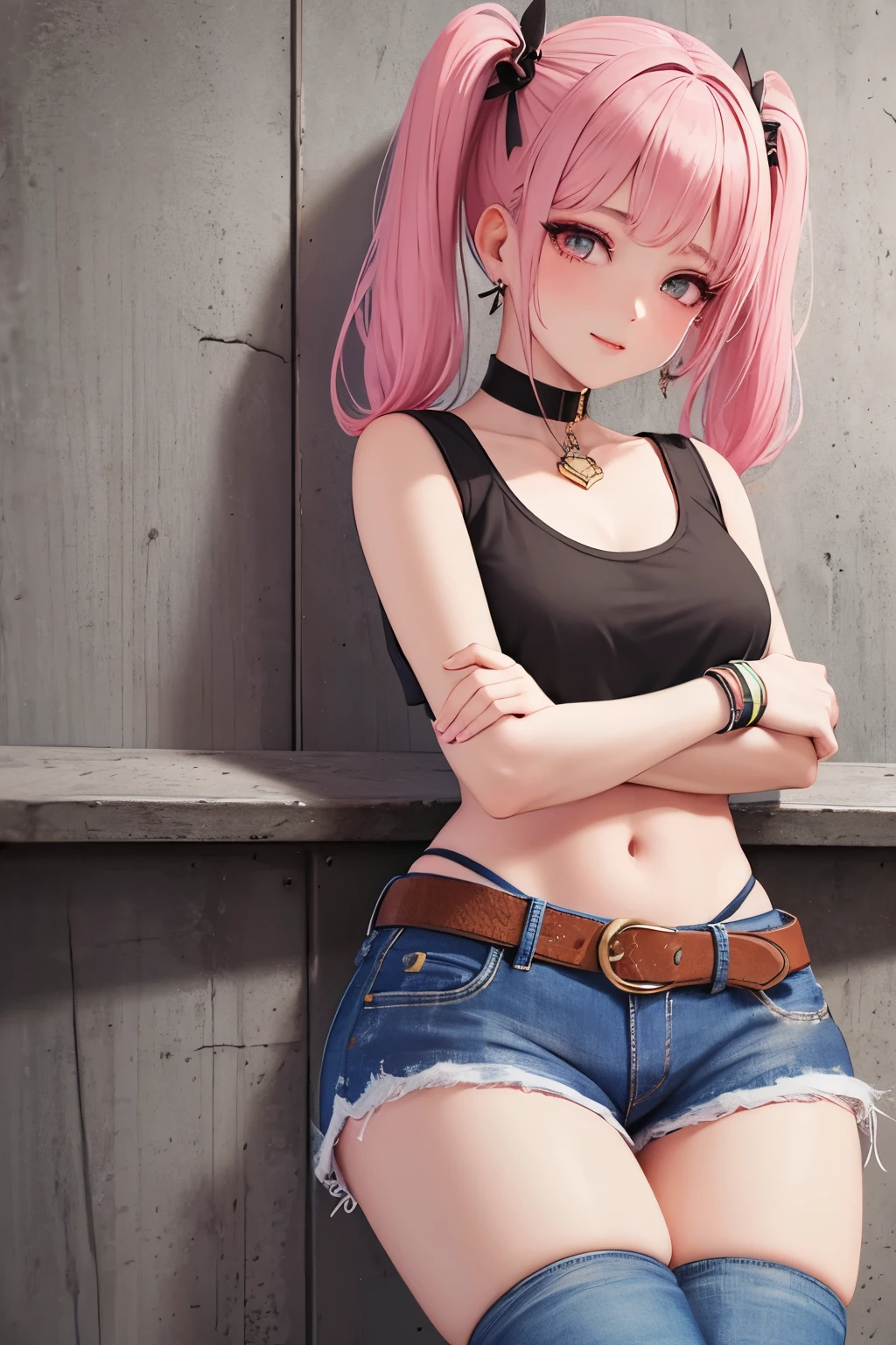 masterpiece, best quality, highly detailed, high resolution, expensive resolution, high resolution, 4k, 8k, uniform 8k wallpaper, highly detailed CG, masterpiece, 2d, 3d, beautiful details, depth, fine texture, best quality: 1.3, perfectly focused, crispy. skin, him, very cute anime girl, name is Mei, short twintails, idol, tank top, denim mini skirt, pink short twintails wearing expensive, mole under eye, looking at the viewer, expensive, blush, mole, parted lips, pink eyes, heart shaped choker, smiling face
