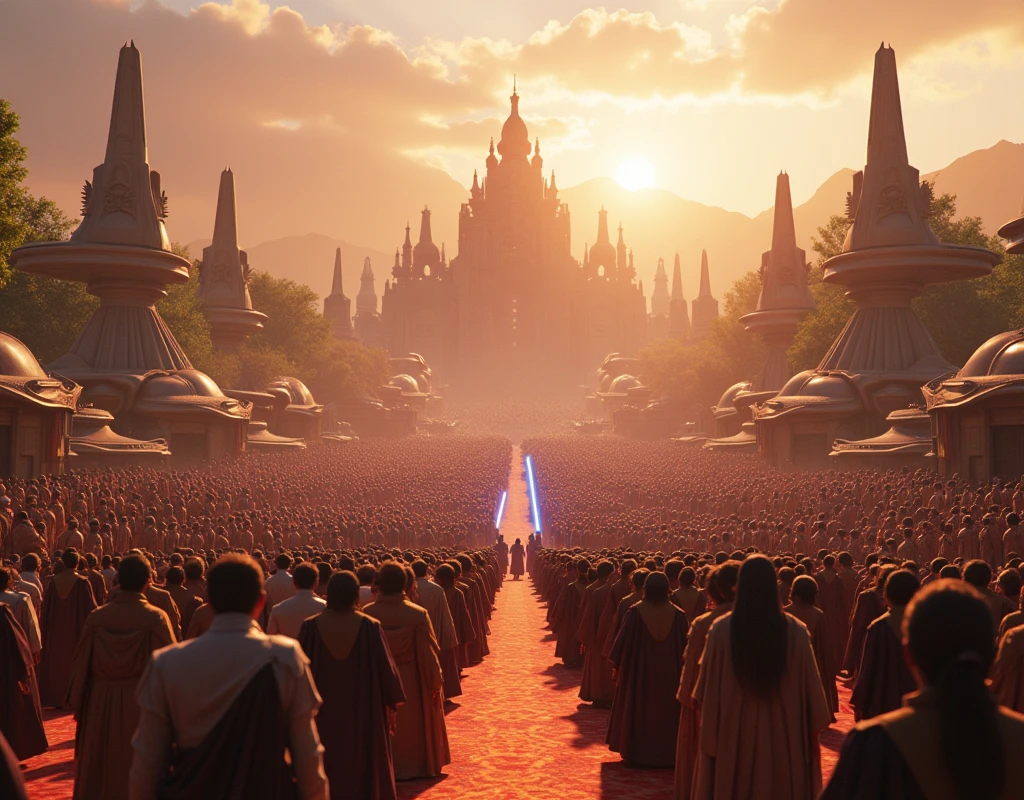 Depict in photo realistic photography of the majestic Big celebration of war final victory in twilight time on the planet Naboo in Movie Star Wars. Artstation trend, Artgerm, deviant art, masterpiece, intricate art, intricate details, shallow depth of field, octane render, 8k, sharp focus, high detail, high definition.