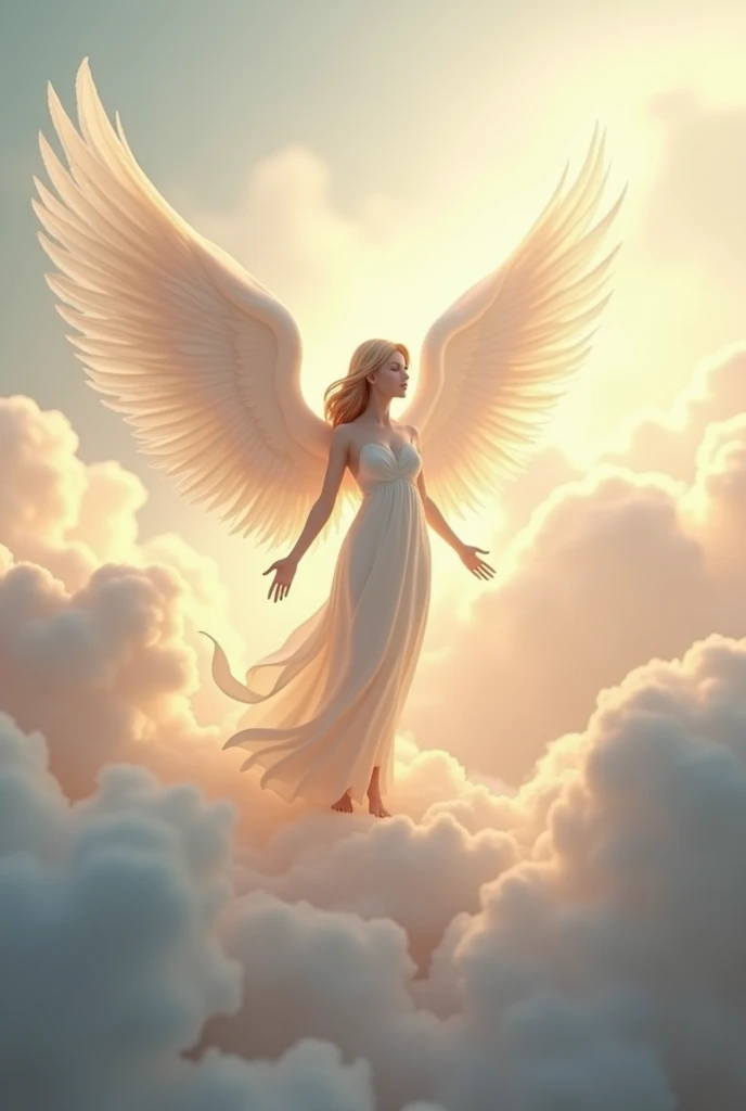 Create a 3D image of an angel moving its wings while standing on a cloud 