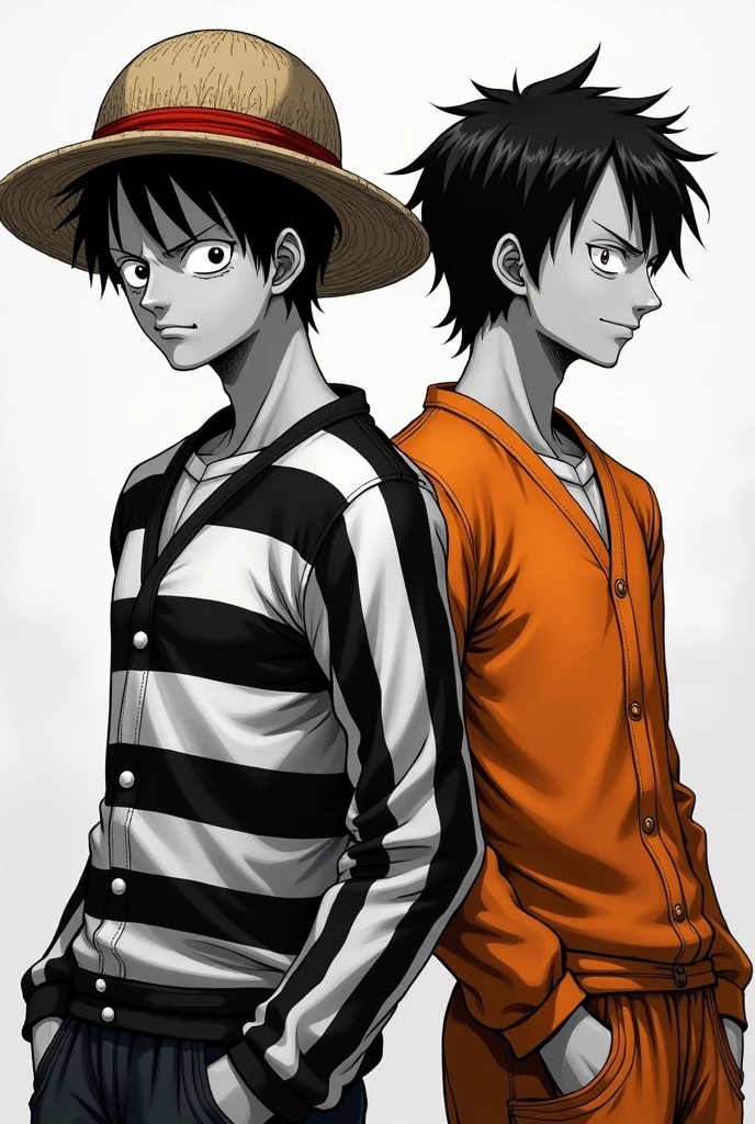 Monkey D. Luffy in a black and white striped long-sleeved prison uniform and Monkey D. .... Luffy in orange long sleeve prison uniform Original anime One Piece 