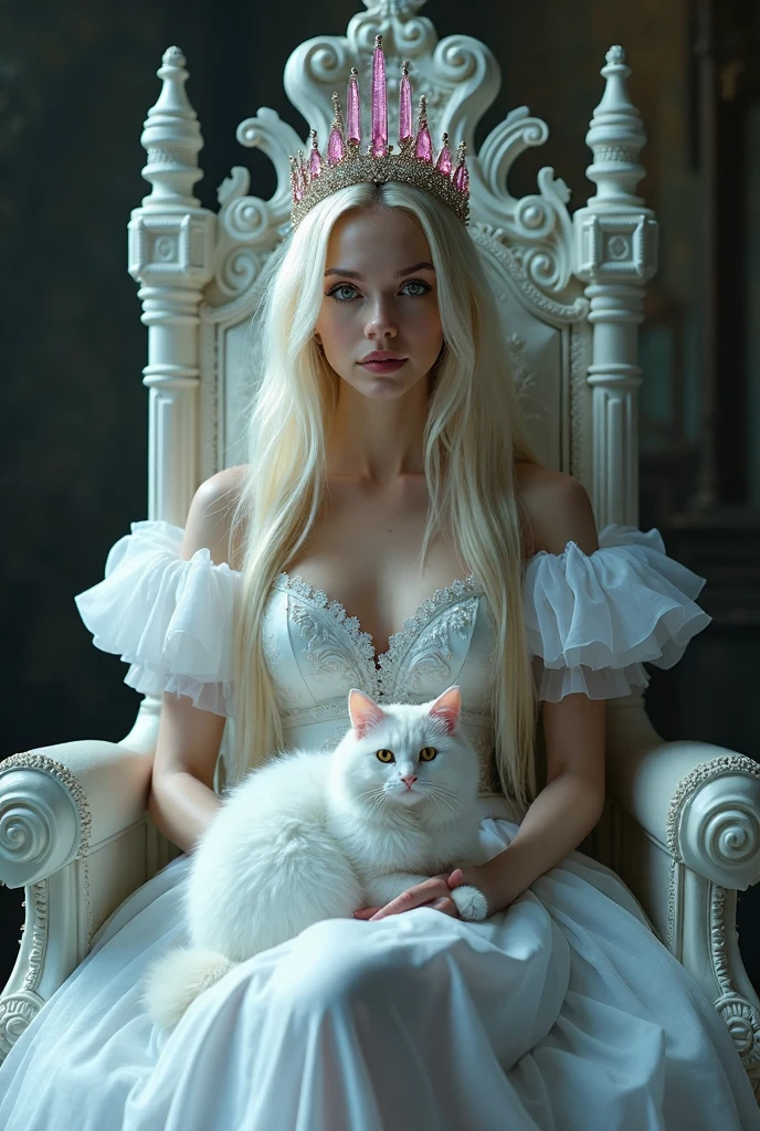 (full body shot:1.3) woman 1 in a (white dress 1:1) sitting on a (white throne 1:1) with a (crown with pink cristals 1:1), white cat sitting in her lap,an elegant gothic princess, gothic princess portrait, beautiful vampire female queen, crown with pink sparkling cristals gothic regal, dark goth queen with yellow eyes, light blonde long hair, medieval dark fantasy, sitting on white intricate throne, wearing a white gothic dress, beautiful elegant demon queen, lovely white winter princess, a beautiful fantasy empress, beautiful vampire queen. Black cat sitting on her lap. (Woman 1 and woman 2 holding hands and sitting site by site) with a (full body shot:1.3) woman 2 in a black dress sitting on a throne with a crown with blue sparkling cristals , an elegant gothic princess, gothic princess portrait, beautiful vampire female queen, gothic regal, dark goth queen with yellow eyes, black long hair, medieval dark fantasy, sitting on intricate throne, wearing a gothic dress, beautiful elegant demon queen, lovely dark autumn princess, a beautiful fantasy empress, beautiful vampire queen. White cat sitting on her lap. ARRI ALEXA 65, 50mm lens, dynamic lighting