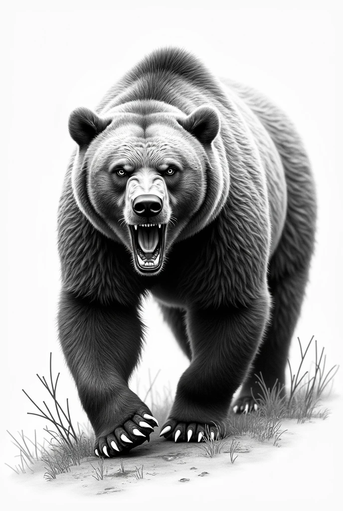 Create a micro realistic tattoo of a real bear walking and growling in black and white pointillism 