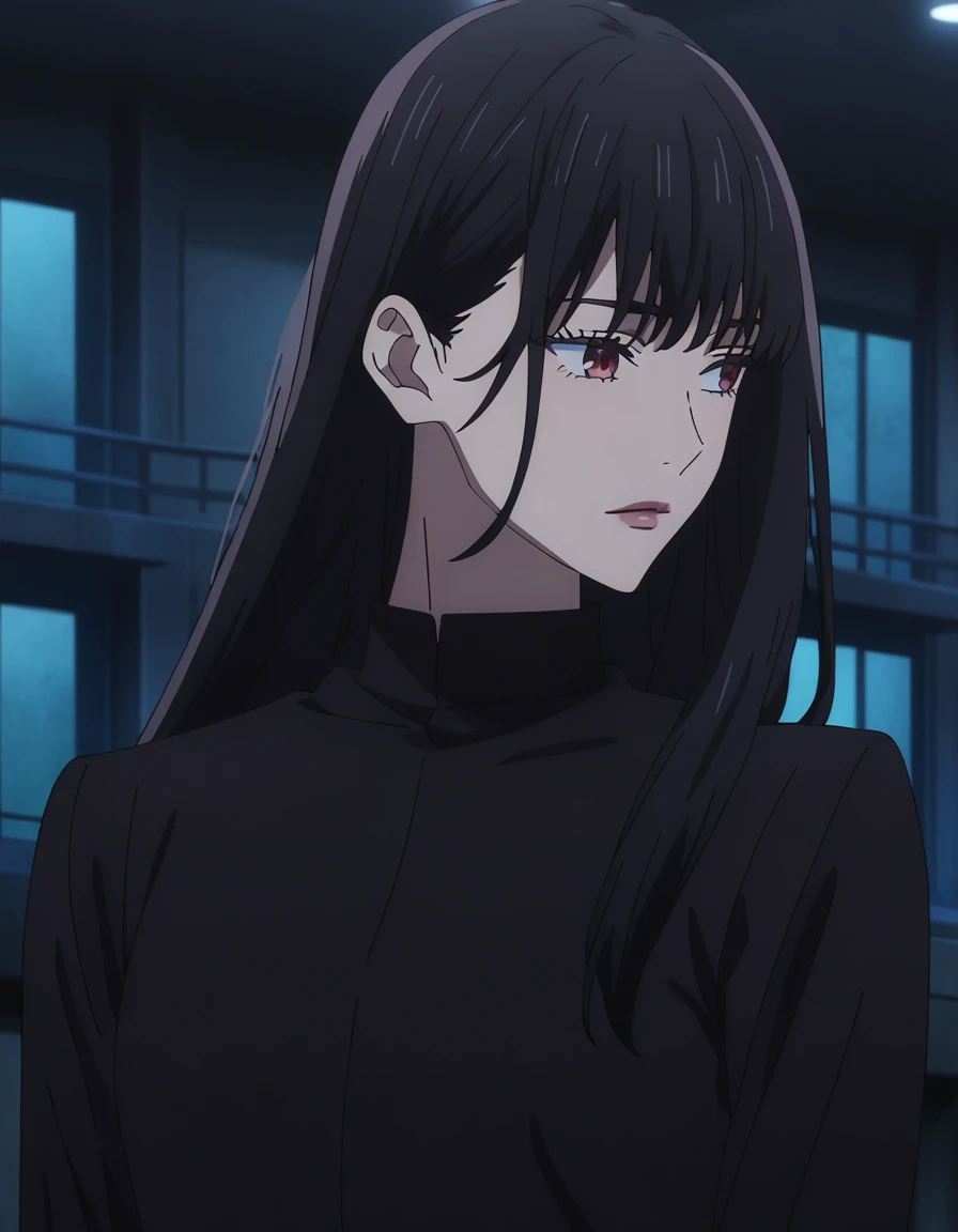 1girl, solo, long_hair, red eyes, ((black_hair)), night view, upper_body, indoors, book, bangs, red_eyes, pink lips, cool ((long straight black hair)) wearing black color dress, beautiful, anime screencap from jujutsu kaisen (red eyes) ((long hair)) ((solo)) ((high resolution)) ((upper body)) (Good quality)