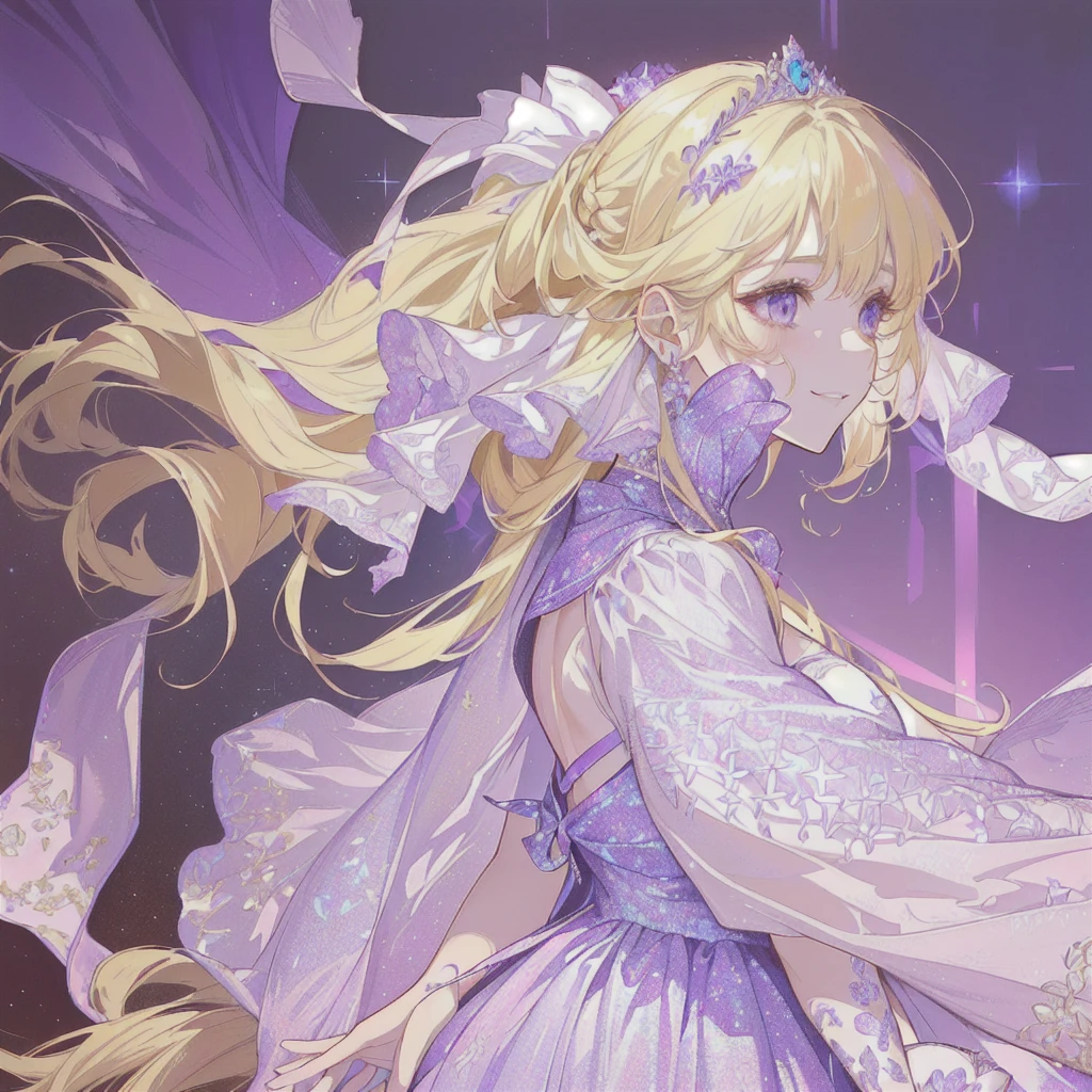 ((a close up of Rapunzel in a purple sparkling dress)), rapunzel, blonde - haired princess, ((anime art style)), anime princess, disney artstyle, beautiful and detailed dress, magical outfit, fantasy costume, sparkles and flowers, fairytale style, ((a beautiful fantasy princess)), disney princess, princess portrait, royal elegant pose, smiling, royal dress