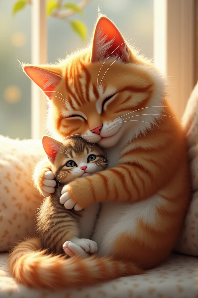 An adult cat hugging a kitten