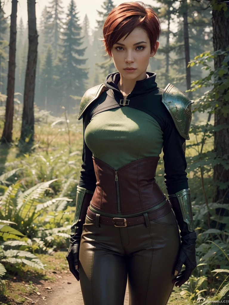 slim feminine figure, redhead, best quality, realistic skin texture, photography, film grain texture and high contrast, extremely high-resolution details, photographic, photorealistic, hyper-realistic, HDR, masterpiece, ((short pixie hair)), slim waist, dressed up as a night elf hunter from world of warcraft, full green highly decorated hunter armor, a green lust forest in the background, brown pants, brown gloves, ((slim waist)), (medium breasts), (wide hips)