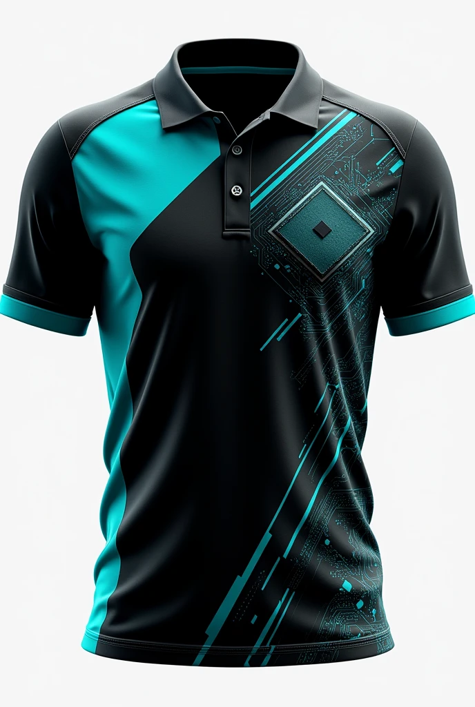 v neck sports polo design (without buttons), with black and turquoise colors with designs of a processor