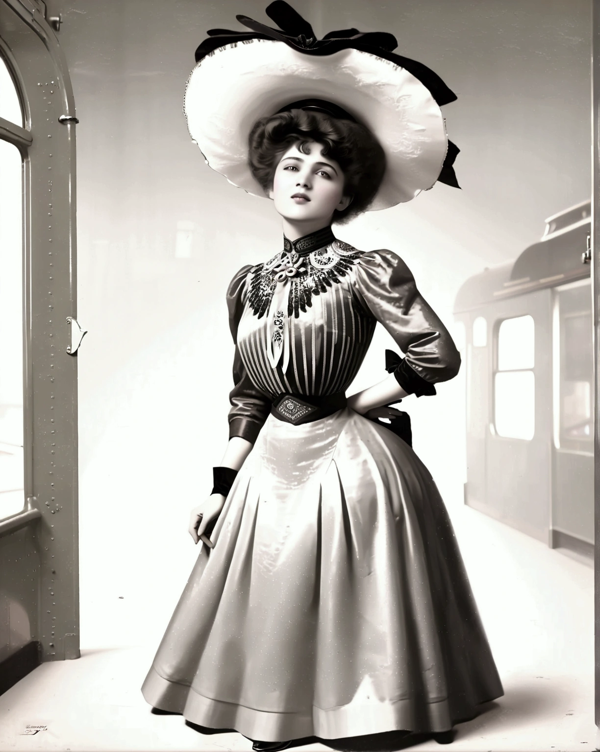 A sexy 13yo Gibson Girl (((dry-humped by a dirty 69yo gentleman inside a train car))). Year 1902. 1900_dr3ss. Pink high-collar long sleeve shirtwaist, ornate picture hat, long skirt, petticoats, silk stockings, boots. Thotty demeanor. Hourglass figure. Large chest, wasp waist, bubble butt. Edwardian setting.