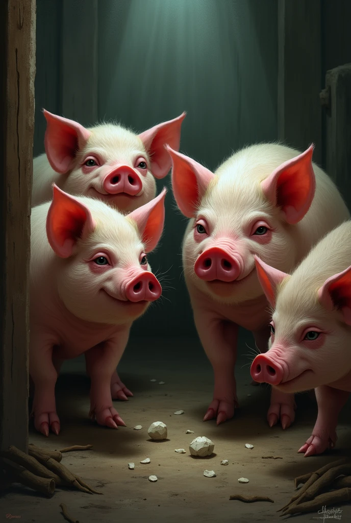scene: Pigs talking in private, with cunning glances.
Text: "Instead of receiving medical help, The pigs decide to sell it to a glue factory.."
create the easy scene to draw