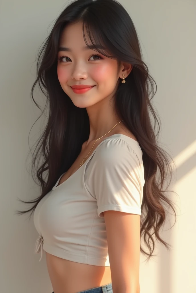 asian 18yo girl,tiny shirt, perfect , long hair, smile, short skirt, realistic