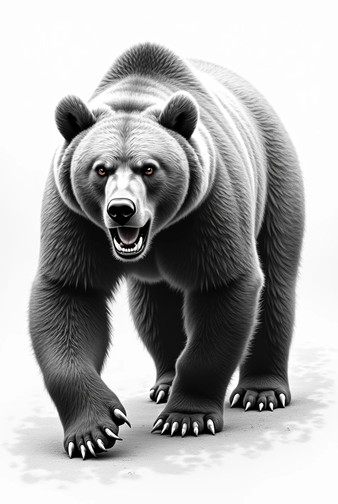 Create a micro realistic tattoo of a real bear walking and growling in black and white pointillism 