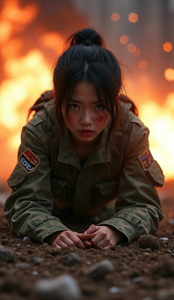 Photo-realistic, ultra-realistic, (very beautiful Japanese, famous Japanese idol:1.3), (Fully equipped for battle:1.5), large assault rifle on her back, (amazing view of multiple explosions:1), (painful impressions, crying:1.3), (wearing an army soldier's Camouflage outfits with military helmet:1.5), (Crawling at a battle field of Abandoned Building at night), very large breasts, (tactical vest, military harness:1.3), (military long boots:1), dynamic angle, spectacular, (injured:1.3), (muddied, damaged wears, damaged body:1.3),