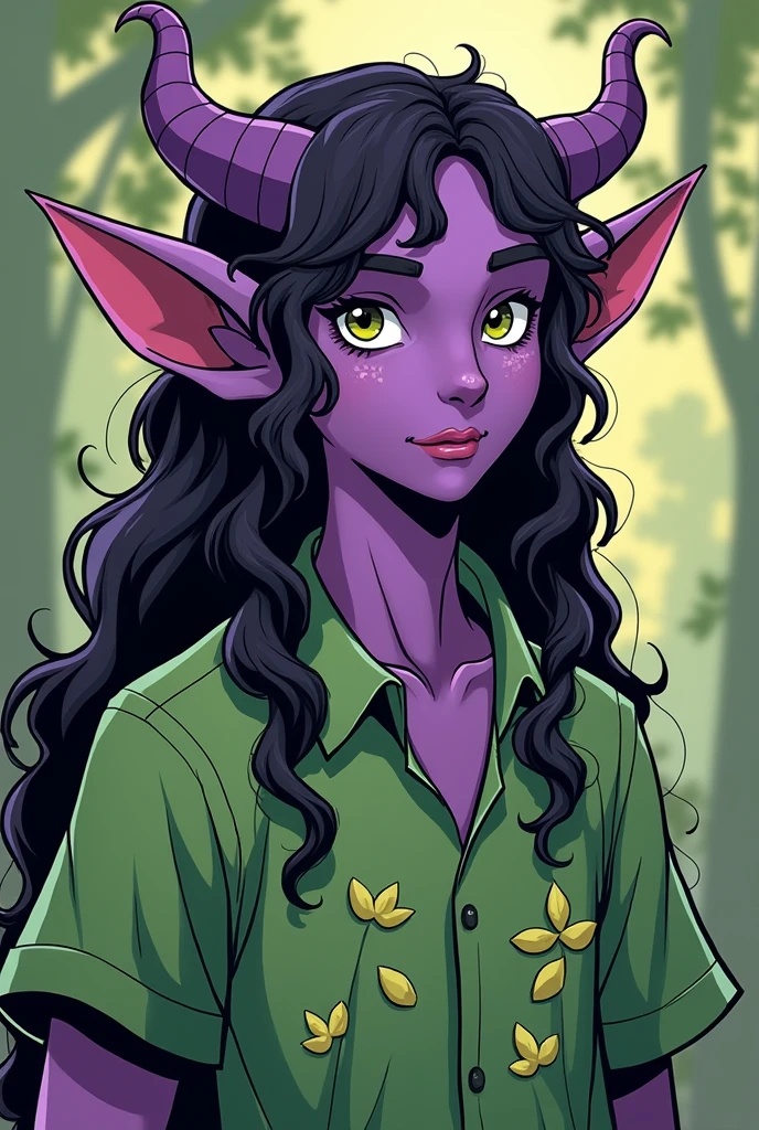 Create a tiefling druid with purple skin, small, curled horns, and long, curly hair. He wears a green shirt adorned with leaf patterns, reflecting his druidic connection to nature. His face should have a friendly and approachable expression, featuring a gentle, serrilhado smile that conveys warmth and kindness. Use bold outlines and flat colors typical of traditional comic book art to depict his features and attire, ensuring a classic comic book style that emphasizes both his mystical and gentle nature