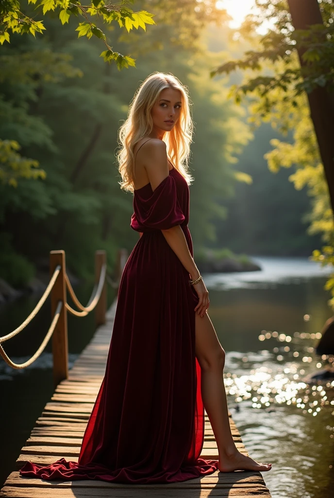 Femme blonde en robe en velours bordeaux, posant avec grâce sur un pont en bois suspendu au-dessus d'une rivière entourée de forêts denses, les rayons du soleil perçant à travers les feuilles, créant des ombres captivantes