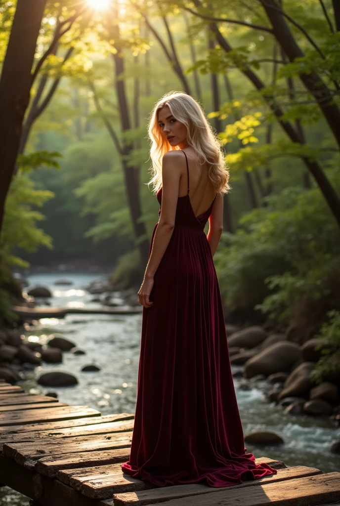 Femme blonde en robe en velours bordeaux, posant avec grâce sur un pont en bois suspendu au-dessus d'une rivière entourée de forêts denses, les rayons du soleil perçant à travers les feuilles, créant des ombres captivantes
