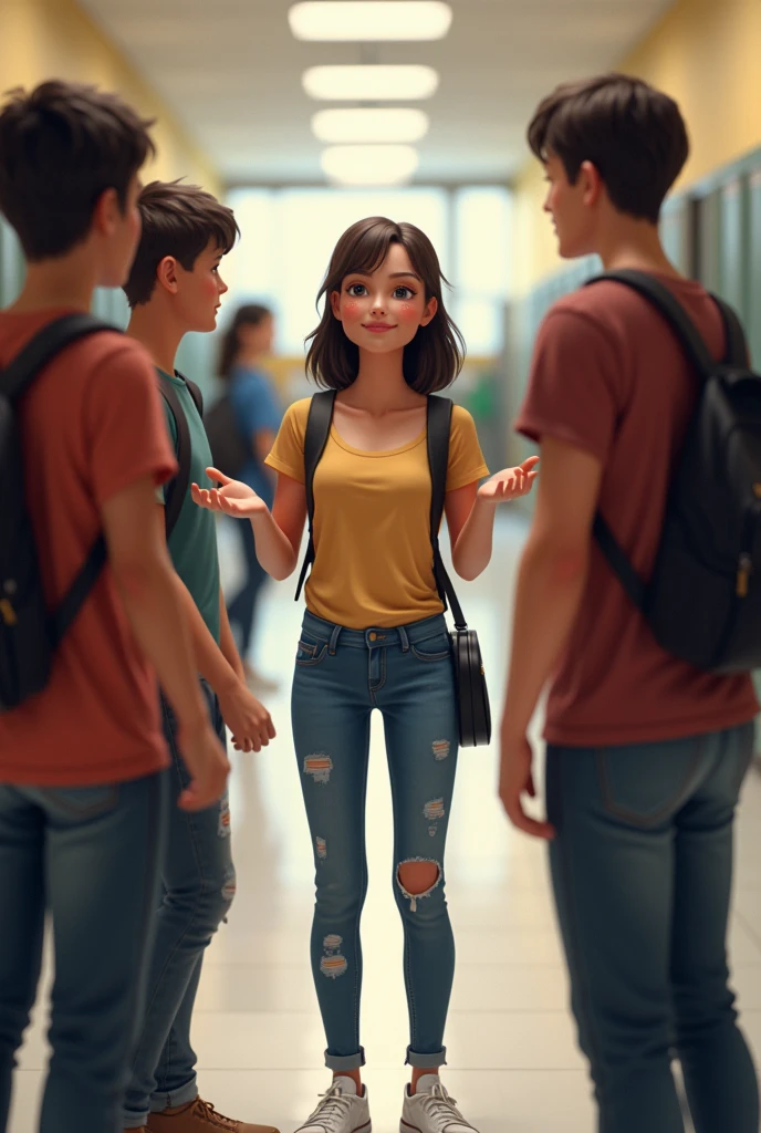 A teenage girl talking to her friends at school