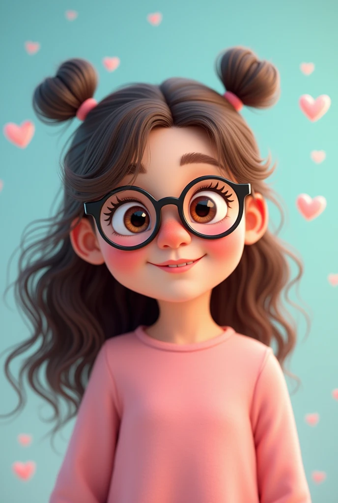 Make an animation of a half-body chubby girl smiling , with a round nose, wearing black glasses, long, very curly hair type 3B in brown color, eyes browns, wearing pink clothes. In the background of the animation add hearts and baby blue tones.