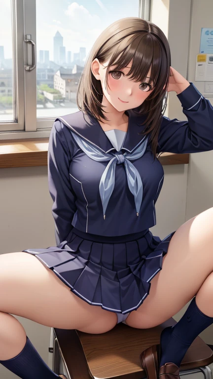 best quality ,masterpiece ,a girl,solo,school uniform,smile,shy,full body,(dark blue school socks),(spread legs:1.2),large breasts,(hands behind head),(loafer),sitting on school chair