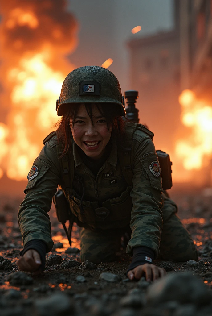 Photo-realistic, ultra-realistic, (very beautiful Japanese, famous Japanese idol:1.3), (Fully equipped for battle:1.5), large assault rifle on her back, (amazing view of multiple explosions:1), (painful impressions, crying:1.3), (wearing an army soldier's Camouflage outfits with military helmet:1.5), (Crawling at a battle field of Abandoned Building at night), very large breasts, (tactical vest, military harness:1.3), (military long boots:1), dynamic angle, spectacular, (injured:1.3), (muddied, damaged wears, damaged body:1.3),