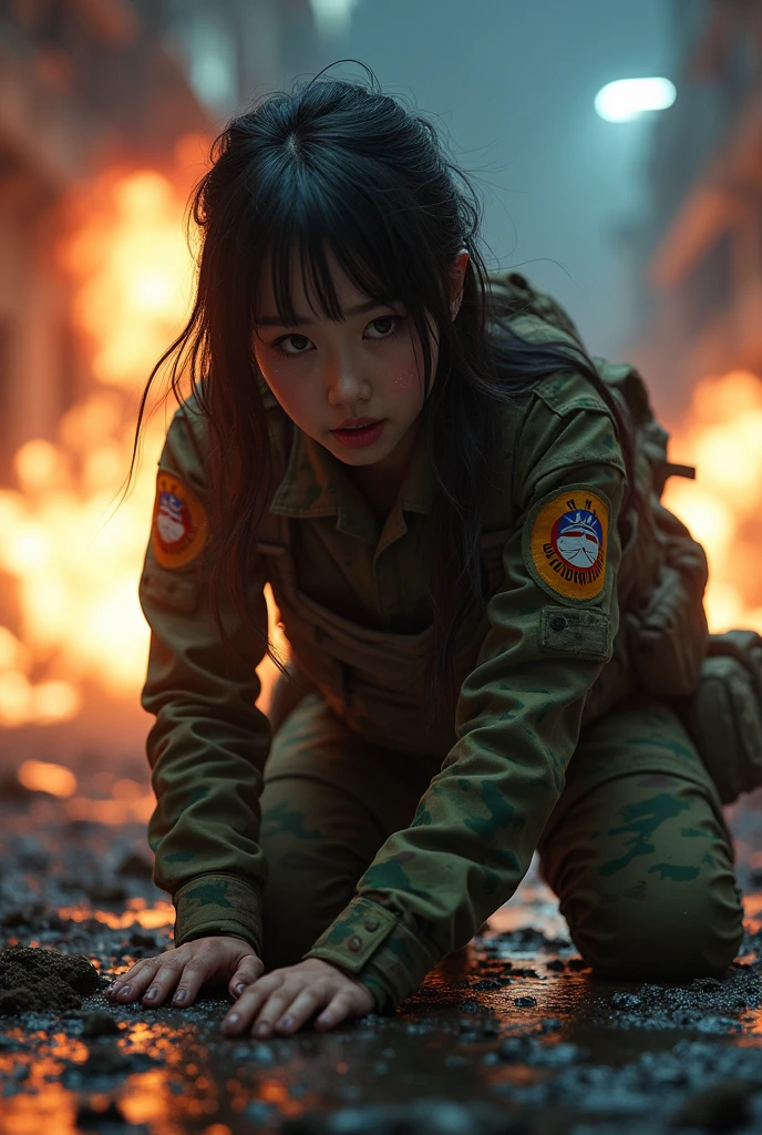 Photo-realistic, ultra-realistic, (very beautiful Japanese, famous Japanese idol:1.3), (Fully equipped for battle:1.5), large assault rifle on her back, (amazing view of multiple explosions:1), (painful impressions, crying:1.3), (wearing an army soldier's Camouflage outfits with military helmet:1.5), (Crawling at a battle field of Abandoned Building at night), very large breasts, (tactical vest, military harness:1.3), (military long boots:1), dynamic angle, spectacular, (injured:1.3), (muddied, damaged wears, damaged body:1.3),