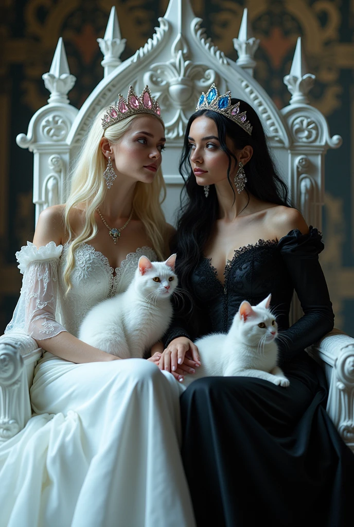 (full body shot:1.3) woman 1 in a (white dress 1:1) sitting on a (white throne 1:1) with a (crown with pink cristals 1:1), white cat sitting in her lap,an elegant gothic princess, gothic princess portrait, beautiful vampire female queen, crown with pink sparkling cristals gothic regal, dark goth queen with yellow eyes, light blonde long hair, medieval dark fantasy, sitting on white intricate throne, wearing a white gothic dress, beautiful elegant demon queen, lovely white winter princess, a beautiful fantasy empress, beautiful vampire queen. Black cat sitting on her lap. (Woman 1 and woman 2 holding hands and sitting site by site) with a (full body shot:1.3) woman 2 in a black dress sitting on a throne with a crown with blue sparkling cristals , an elegant gothic princess, gothic princess portrait, beautiful vampire female queen, gothic regal, dark goth queen with yellow eyes, black long hair, medieval dark fantasy, sitting on intricate throne, wearing a gothic dress, beautiful elegant demon queen, lovely dark autumn princess, a beautiful fantasy empress, beautiful vampire queen. White cat sitting on her lap. ARRI ALEXA 65, 50mm lens, dynamic lighting