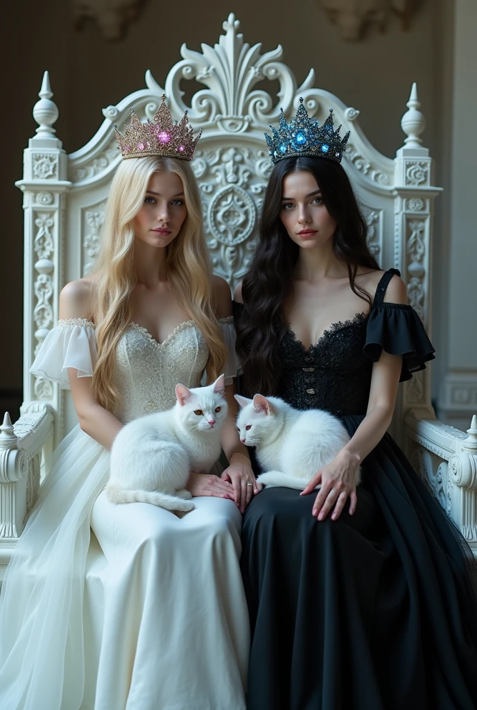 (full body shot:1.3) woman 1 in a (white dress 1:1) sitting on a (white throne 1:1) with a (crown with pink cristals 1:1), white cat sitting in her lap,an elegant gothic princess, gothic princess portrait, beautiful vampire female queen, crown with pink sparkling cristals gothic regal, dark goth queen with yellow eyes, light blonde long hair, medieval dark fantasy, sitting on white intricate throne, wearing a white gothic dress, beautiful elegant demon queen, lovely white winter princess, a beautiful fantasy empress, beautiful vampire queen. Black cat sitting on her lap. (Woman 1 and woman 2 holding hands and sitting site by site) with a (full body shot:1.3) woman 2 in a black dress sitting on a throne with a crown with blue sparkling cristals , an elegant gothic princess, gothic princess portrait, beautiful vampire female queen, gothic regal, dark goth queen with yellow eyes, black long hair, medieval dark fantasy, sitting on intricate throne, wearing a gothic dress, beautiful elegant demon queen, lovely dark autumn princess, a beautiful fantasy empress, beautiful vampire queen. White cat sitting on her lap. ARRI ALEXA 65, 50mm lens, dynamic lighting