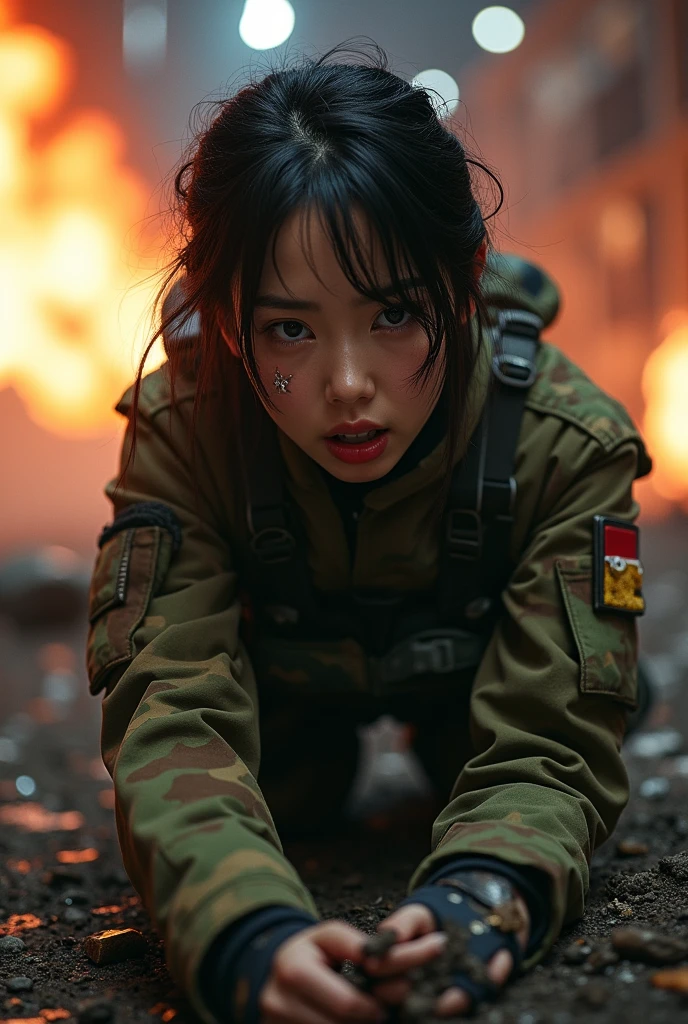 Photo-realistic, ultra-realistic, (very beautiful Japanese, famous Japanese idol:1.3), (Fully equipped for battle:1.5), large assault rifle on her back, (amazing view of multiple explosions:1), (painful impressions, crying:1.3), (wearing an army soldier's Camouflage outfits with military helmet:1.5), (Crawling at a battle field of Abandoned Building at night), very large breasts, (tactical vest, military harness:1.3), (military long boots:1), dynamic angle, spectacular, (injured:1.3), (muddied, damaged wears, damaged body:1.3),