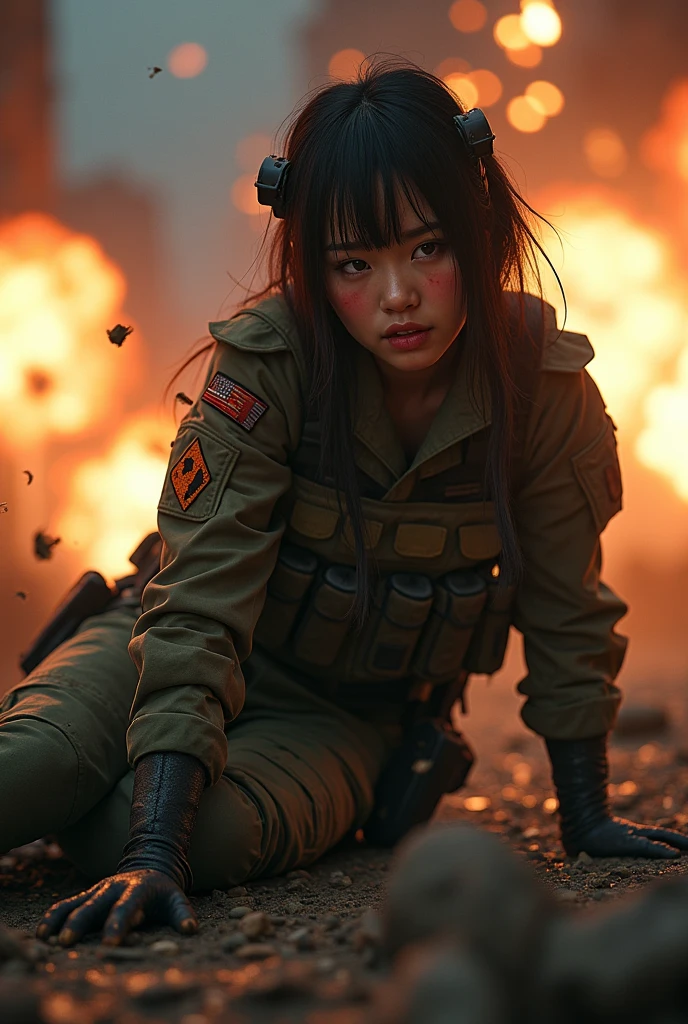 Photo-realistic, ultra-realistic, (very beautiful Japanese, famous Japanese idol:1.3), (Fully equipped for battle:1.5), large assault rifle on her back, (amazing view of multiple explosions:1), (painful impressions, crying:1.3), (wearing an army soldier's Camouflage outfits with military helmet:1.5), (Crawling at a battle field of Abandoned Building at night), very large breasts, (tactical vest, military harness:1.3), (military long boots:1), dynamic angle, spectacular, (injured:1.3), (muddied, damaged wears, damaged body:1.3),