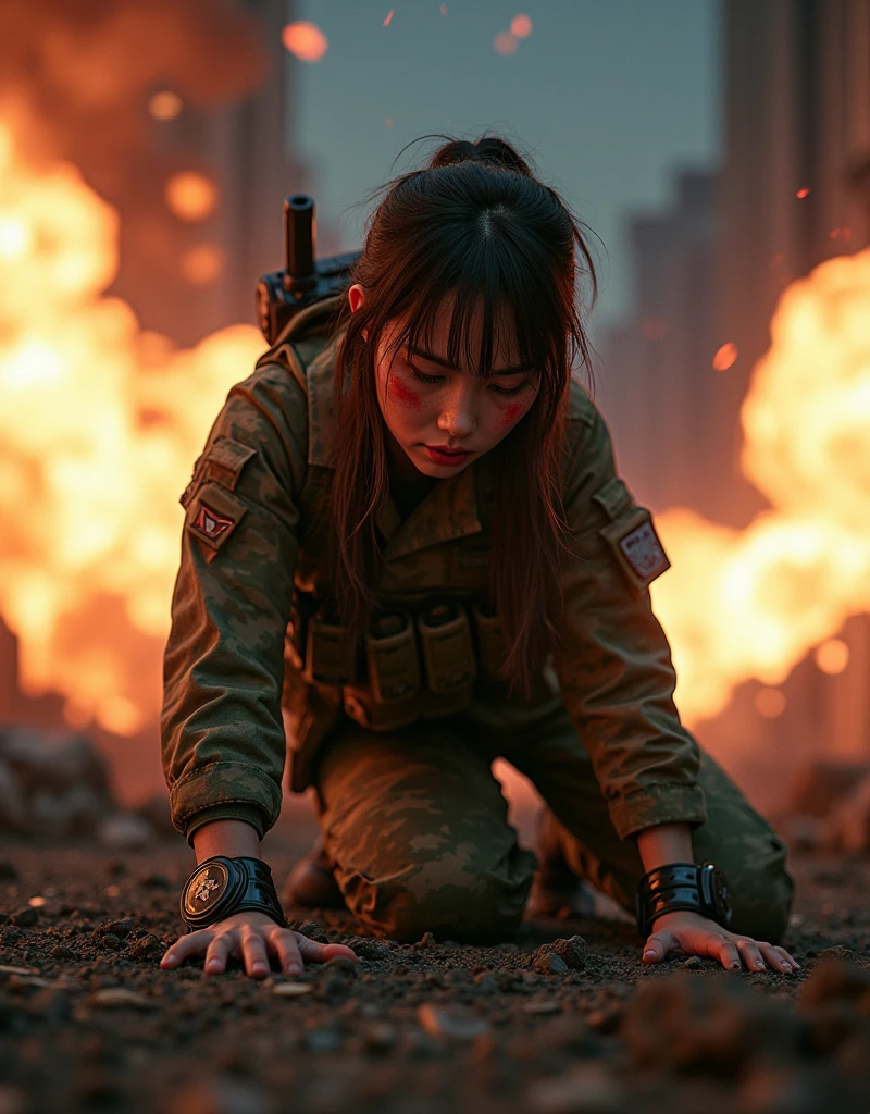 Photo-realistic, ultra-realistic, (very beautiful Japanese, famous Japanese idol:1.3), (Fully equipped for battle:1.5), large assault rifle on her back, (amazing view of multiple explosions:1), (painful impressions, crying:1.3), (wearing an army soldier's Camouflage outfits with military helmet:1.5), (Crawling at a battle field of Abandoned Building at night), very large breasts, (tactical vest, military harness:1.3), (military long boots:1), dynamic angle, spectacular, (injured:1.3), (muddied, damaged wears, damaged body:1.3),