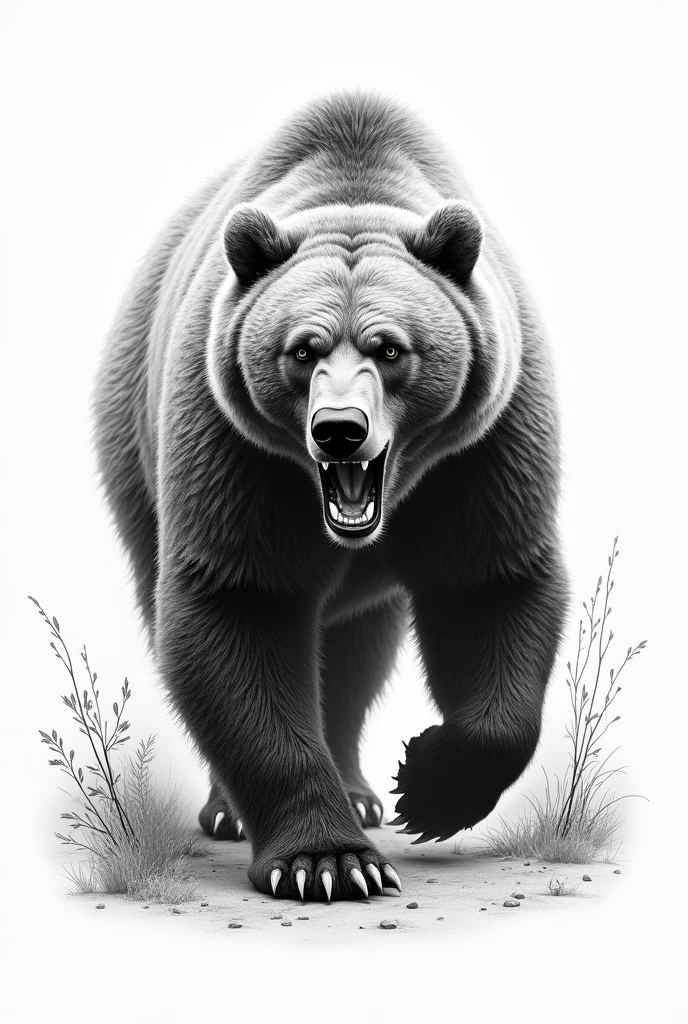 Create a micro realistic tattoo of a real bear walking and growling in black and white pointillism 