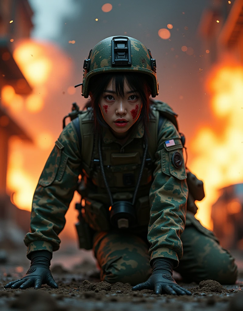 Photo-realistic, ultra-realistic, (very beautiful Japanese, famous Japanese idol:1.3), (Fully equipped for battle:1.5), large assault rifle on her back, (amazing view of multiple explosions:1), (painful impressions, crying:1.3), (wearing an army soldier's Camouflage outfits with military helmet:1.5), (Crawling at a battle field of Abandoned Building at night), very large breasts, (tactical vest, military harness:1.3), (military long boots:1), dynamic angle, spectacular, (injured:1.3), (muddied, damaged wears, damaged body:1.3),