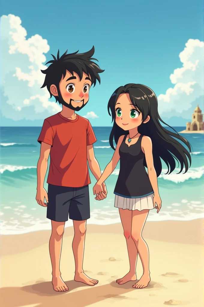 Make an anime drawing of a boy of average height with fair skin and a young, smiling face. He has short, wavy hair, Dark in color, a little messy on top. The forehead is medium in size, and the eyebrows are thick and well defined. The eyes are medium in size, dark, and the smile is friendly, He has a thin mustache and a full beard on his chin., but the cheek area and the rest of the face are sparsely bearded, which gives a distinctive look. Ele está usando uma camiseta vermelha e um short preto e uma garota jovem de altura normal tem a cabeça de forma ovolada cabelos longos e dark pretos, that fall on both sides of the face. She has fair skin and beautiful charming eyes green like emeralds She is smiling slightly She is wearing a black outfit with a white skirt and she is wearing a small necklace They are having fun together on a beach like best friends The girl is a little taller than the boy They must be looking forward and holding hands There must be a small sand castle