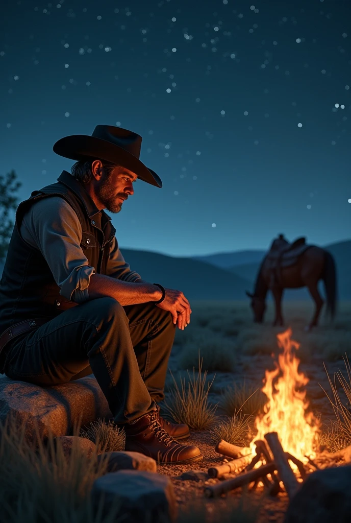 arthur morgan sitting near a campfire looking at the starry night sky, with his horse grazing in the background.