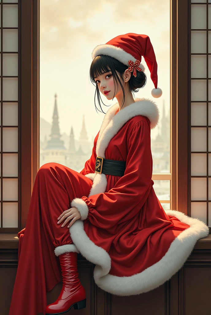 There is a woman dressed as Santa Claus posing on a windowsill, Japanese goddess, angelablanca, Yoshitomo Nara, OPPAI, 🐎🍑, sakimichan, Santa Claus, Nishimiya Shouko, Japanese, 1 8 son, Japanese model, kemono, Ayami, sakimi-chan