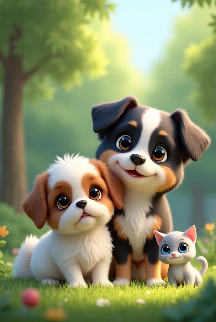 A male Shitzu, white and chocolate next to a male mongrel dog, black andwhite, and a light gray kitten with blue eyes in a park