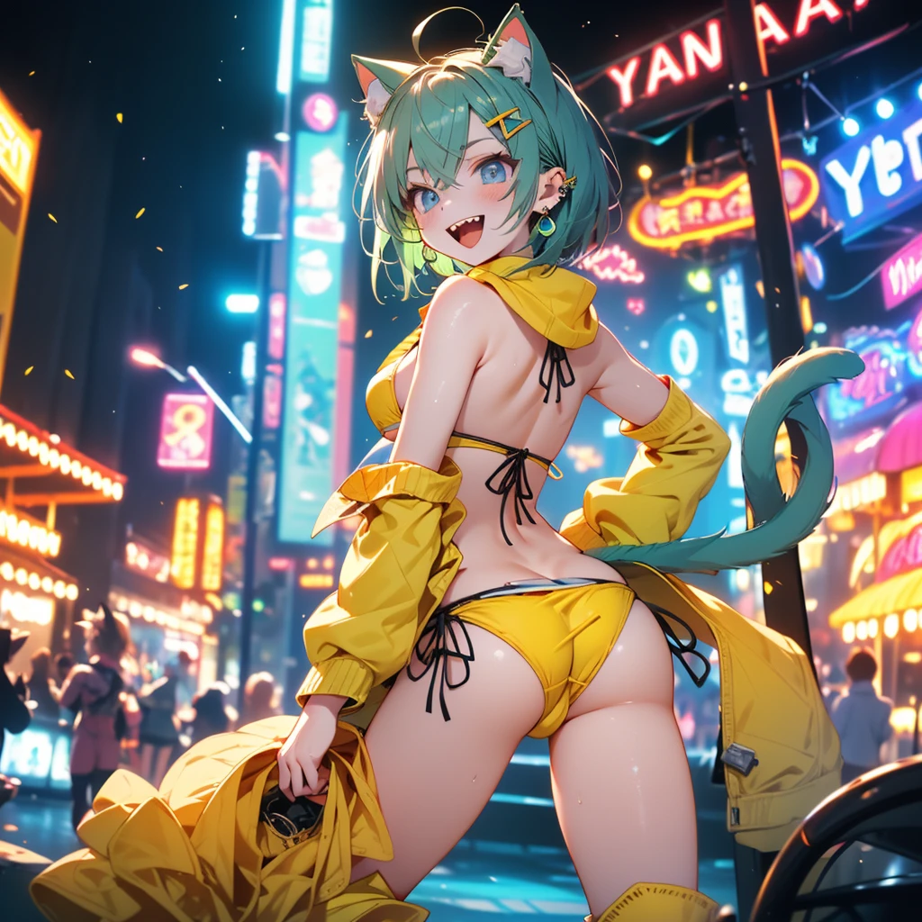 (8k, RAW Photo, Top Quality, Refined Details, Masterpiece: 1.2), (High Resolution 8k Wallpaper), Sharp Focus, Professional Lighting, Depth of Field, Cinematic Lighting, Background Blur, (1Girl:1.4), (small breasts:1.4), (A fluffy tail grows from around the tailbone: 1.4), Smile, whole body, (white knee-high socks: 1.2), (green hair: 1.2), (bikini: 1.4), (yellow tie: 1.4), (yellow boots: 1.4), animal ears, short hair, earrings, cat ears,blue eyes, standing looking back,playing with my boyfriend at the amusement park