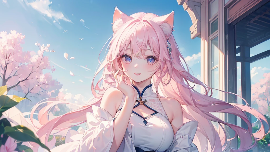 ((Highest quality、masterpiece、Ultra-fine、Ultra-fine、Exquisite、16K、The best smile,Full HD、))),((Cat ear,One person)))Long eyelashes、White skin、(Pale pink lips、Pale pink cheeks、thin and long)、((One person)).(blue sky))、