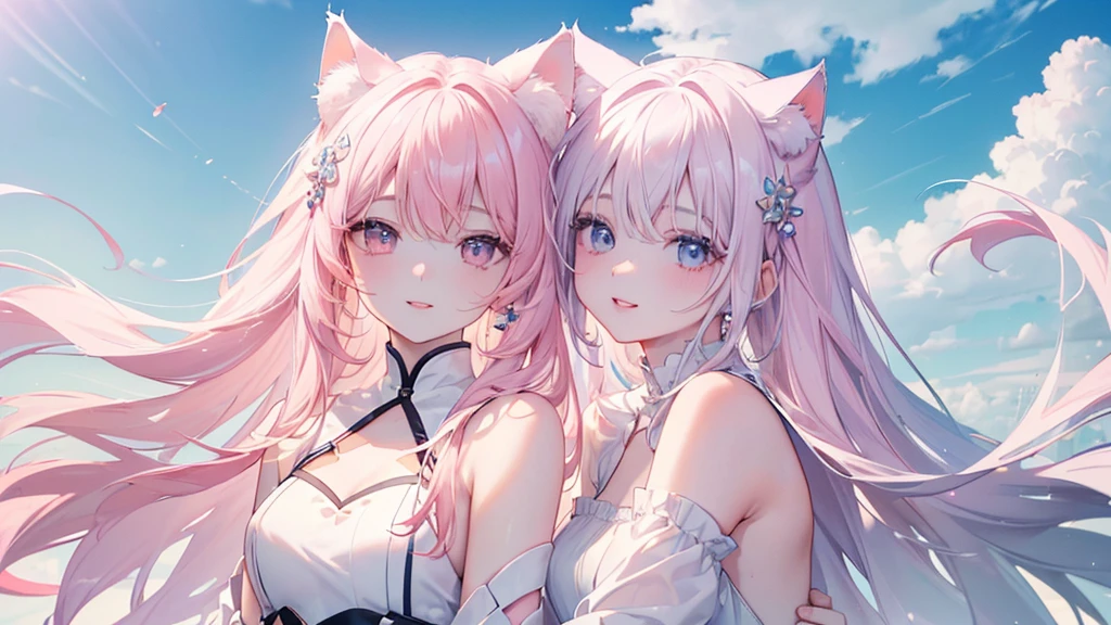 Silver Hair, Pink Eyes, Body, Cat ears, Sexy Girls, earrings, Flower sky background, Pink Red , Hair accessories, sit down, Smiley Face