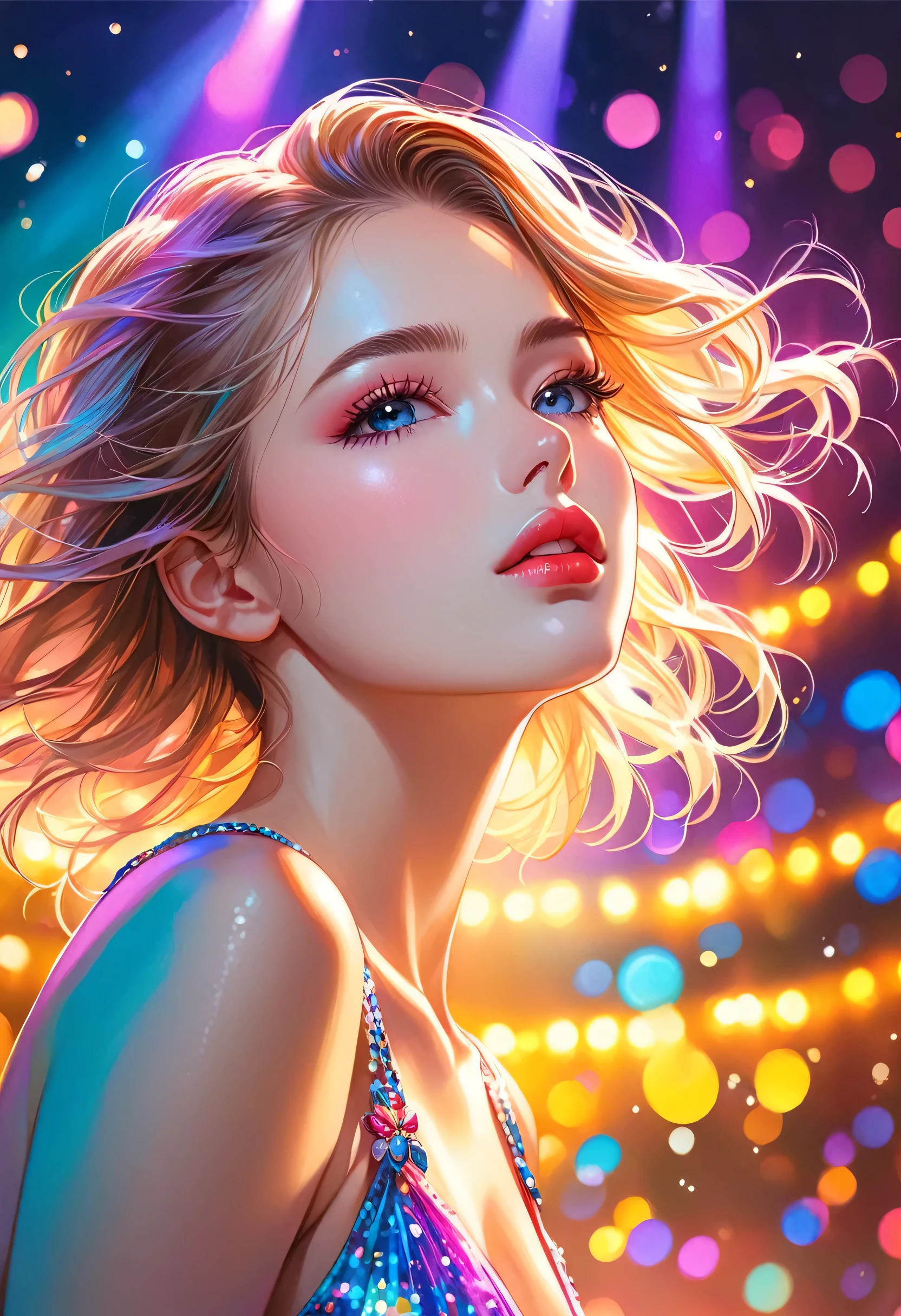 (best quality, highres, realistic:1.37), vivid colors, studio lighting, portraits, bokeh, oil painting, detailed eyes and face, beautiful detailed lips, long eyelashes, youthful appearance, energetic pose, dynamic movement, stage performance, solo performance, minimalist style, colorful clothes, vibrant background, dreamy lighting. anatomical correct:2