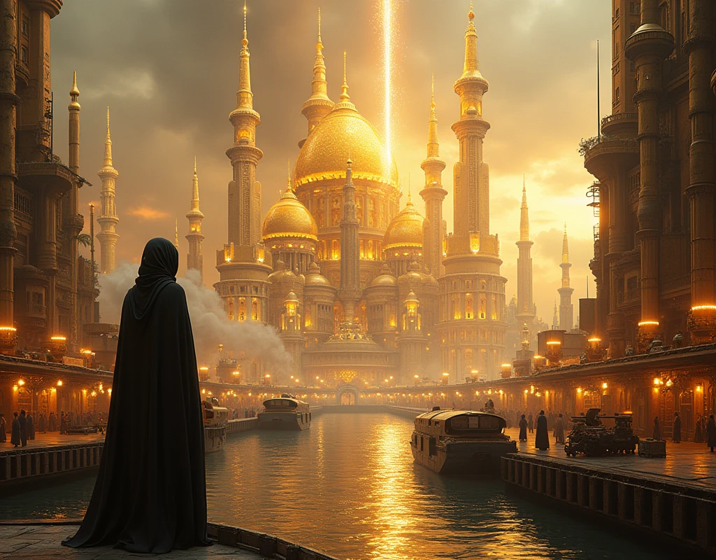 radiant fantasy arabian city with gold tops seen from a port, sharp focus, emitting diodes, smoke, artillery, sparks, racks, system unit, motherboard, by pascal blanche rutkowski repin artstation hyperrealism painting concept art of detailed character design matte painting, 4 k resolution blade runner